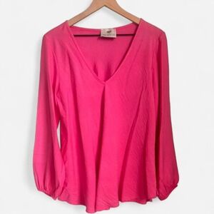 Made With Love Hot Pink V-Neck Blouse Balloon Sleeve Barbiecore